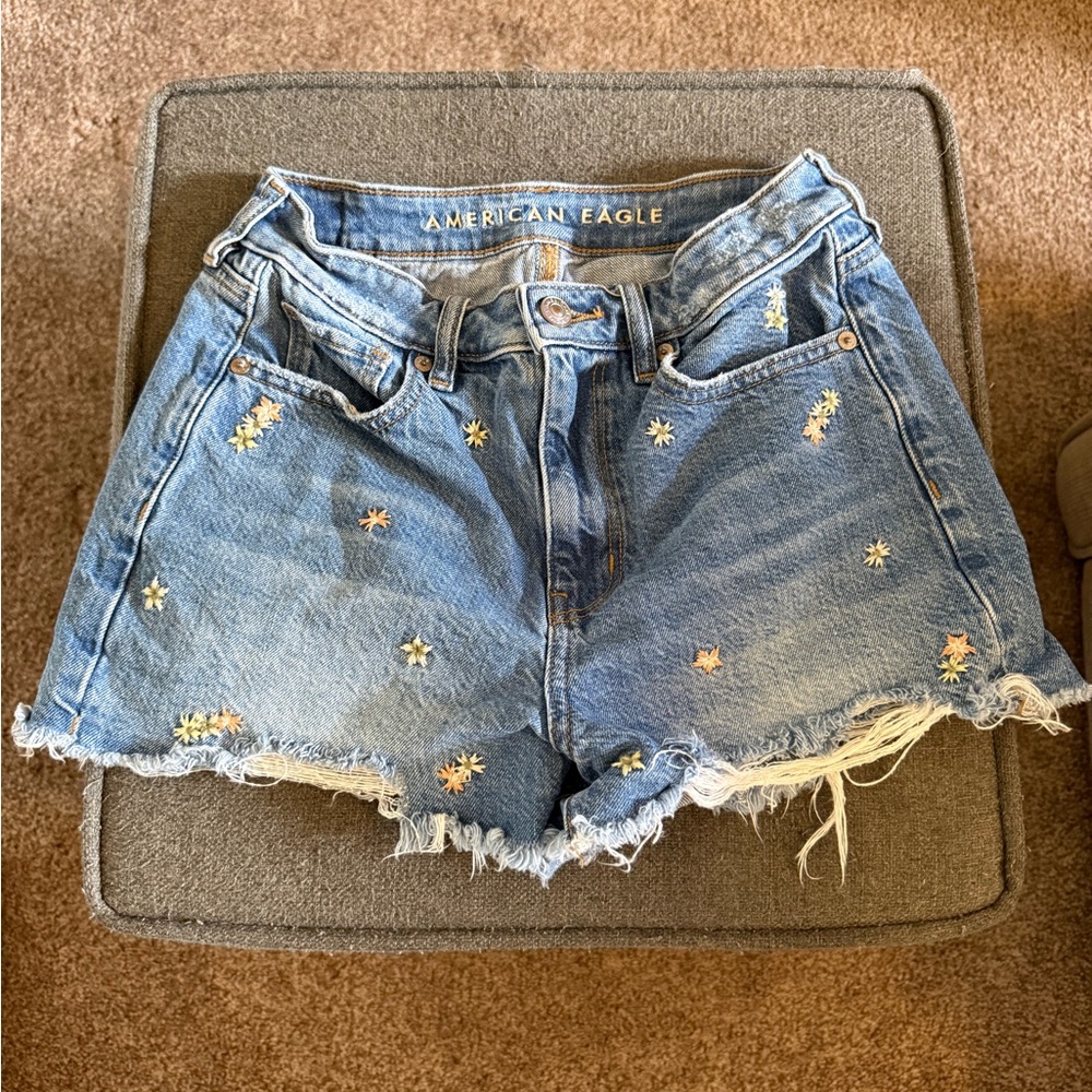 American Eagle Outfitters Blue Embroidered Jean Shorts